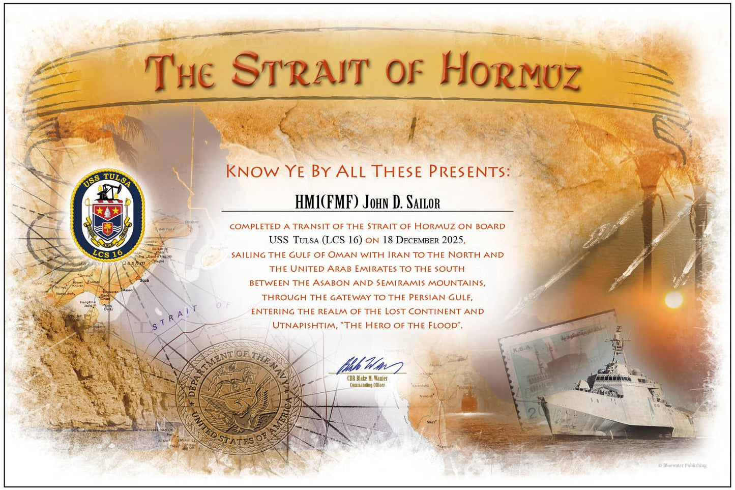 USS Tulsa (LCS 16) 2025 - 2026 Strait of Hormuz or Persian Excursion Achievement Certificate - Bluewater Publishing
