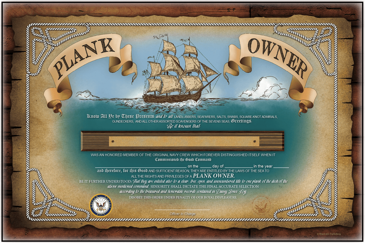Traditional Plankowner Certificate - Blank - Bluewater Publishing