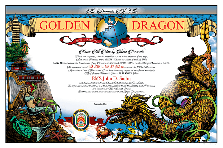 USS John L. Canley (ESB - 6) Gold Crew 2025 Golden Shellback or Golden Dragon Achievement Certificate - Bluewater Publishing