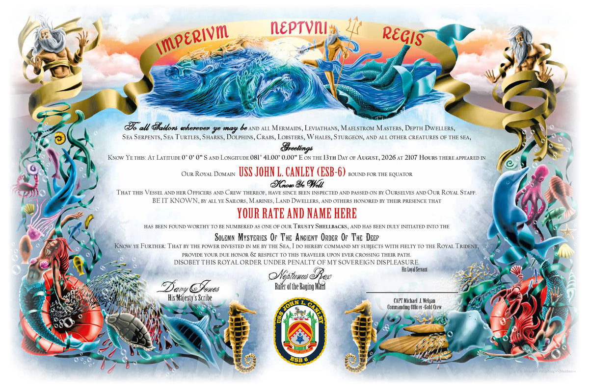 USS John L. Canley (ESB-6) Gold Crew 2026 Shellback Achievement Certificate
