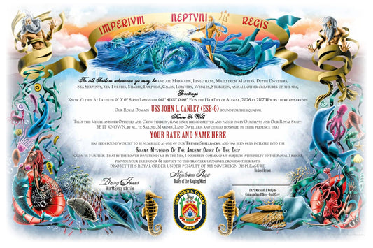 USS John L. Canley (ESB-6) Gold Crew 2026 Shellback Achievement Certificate - Bluewater Publishing
