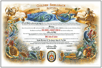 USS John L. Canley (ESB - 6) Gold Crew 2025 Golden Shellback or Golden Dragon Achievement Certificate - Bluewater Publishing