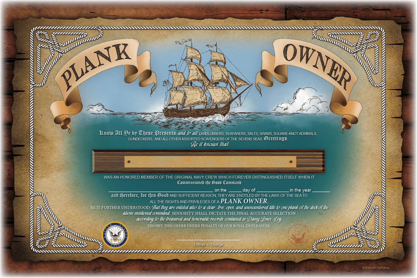 Traditional Plankowner Certificate - Blank - Bluewater Publishing