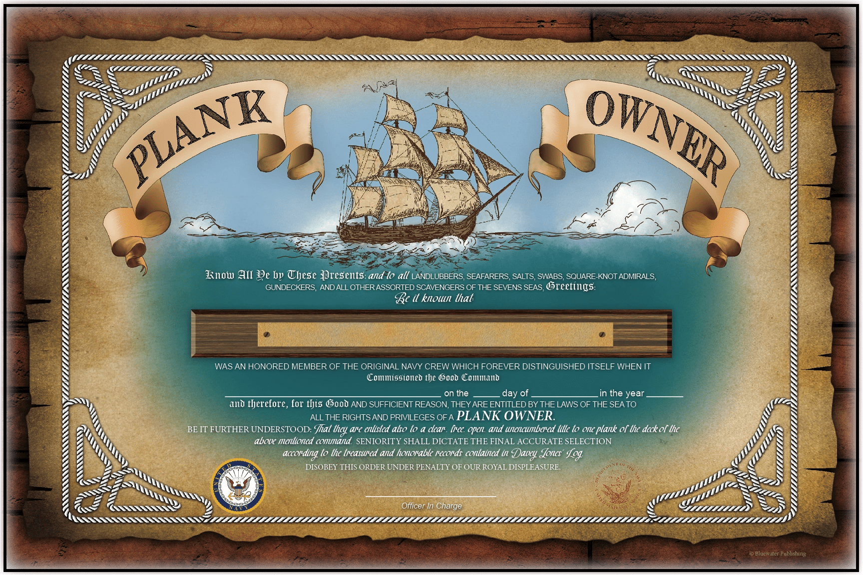 Traditional Plankowner Certificate - Blank - Bluewater Publishing