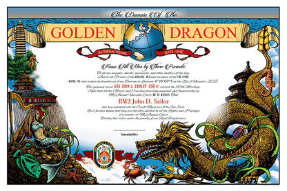 USS John L. Canley (ESB - 6) Gold Crew 2025 Golden Shellback or Golden Dragon Achievement Certificate - Bluewater Publishing