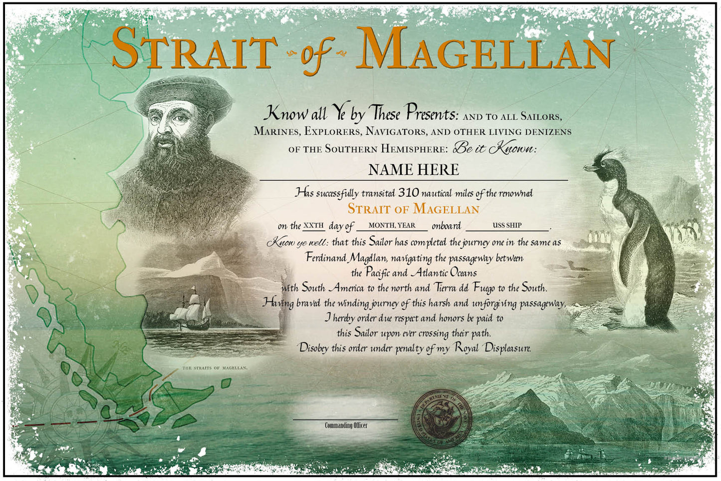 Traditional Strait of Magellan Certificate - Blank - Bluewater Publishing