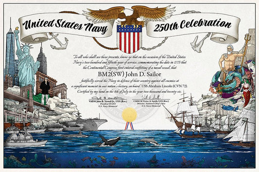 United States Navy 250th Celebration Achievement Certificate - Bluewater Publishing