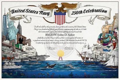 United States Navy 250th Celebration Achievement Certificate - Bluewater Publishing