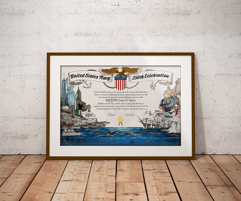 United States Navy 250th Celebration Achievement Certificate - Bluewater Publishing