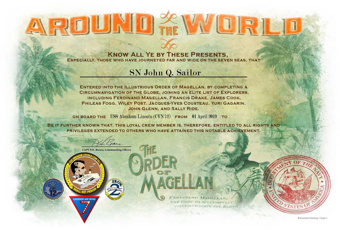 USS Abraham Lincoln 2019 - 20 Achievement Certificates - $12.00 Each - Bluewater Publishing