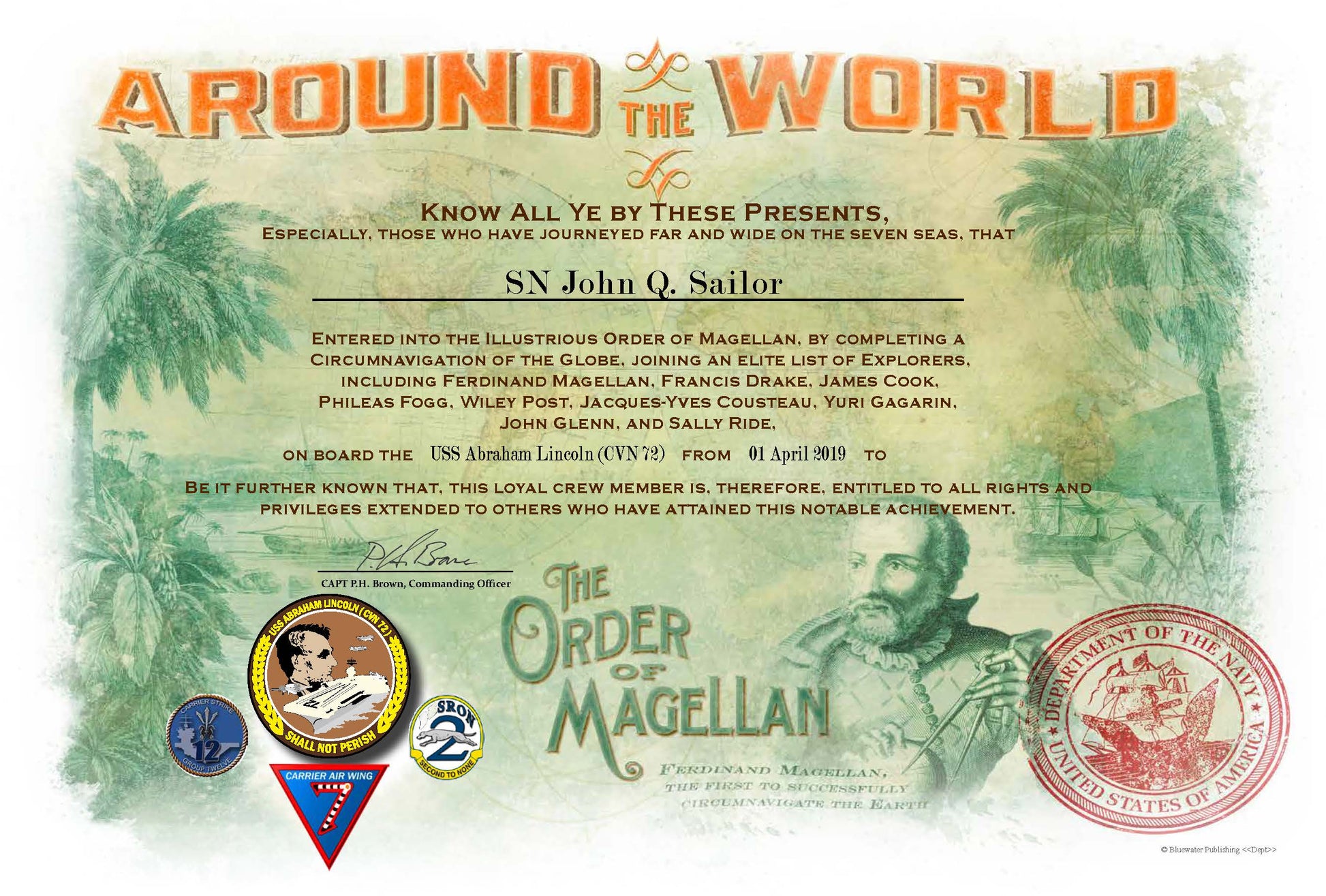 USS Abraham Lincoln 2019 - 20 Achievement Certificates - $12.00 Each - Bluewater Publishing